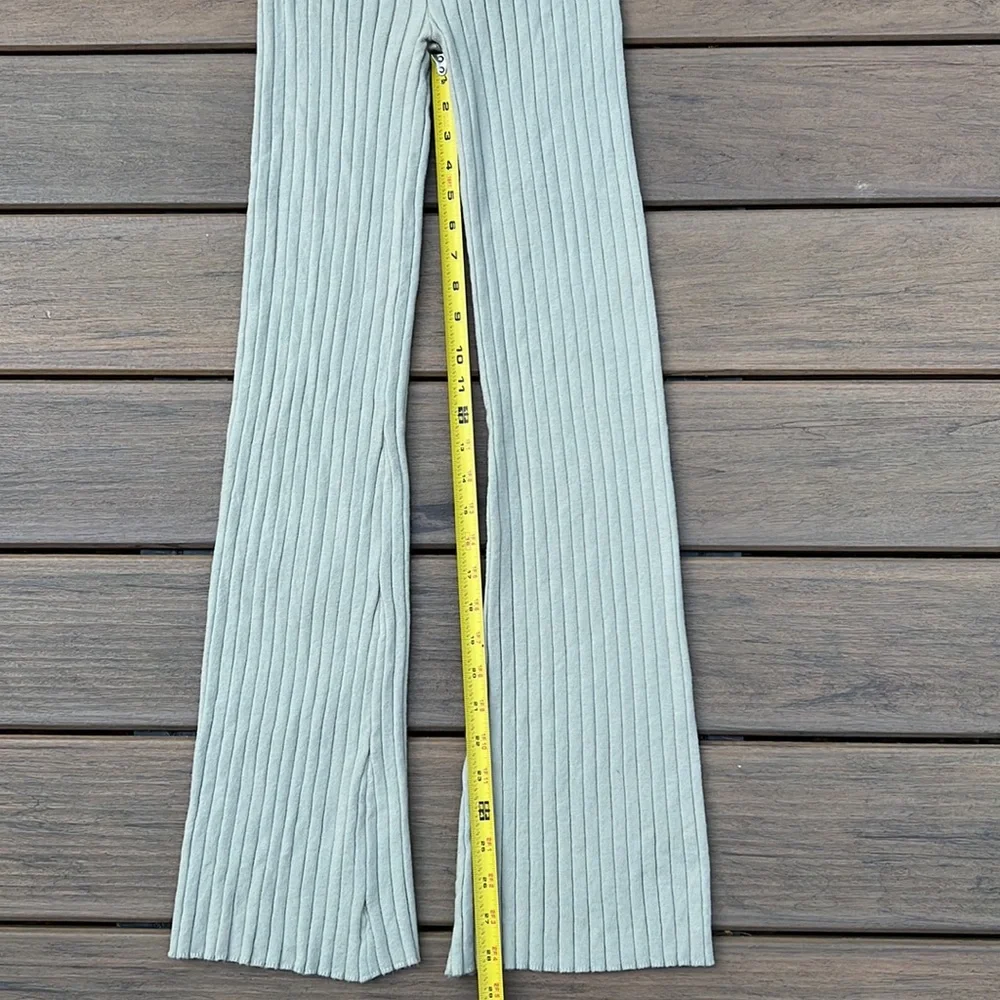 Beige Light Sage Ribbed Knit Lounge Pants Wide Waistband Flare Cozy Minimal - Picture 6 of 10